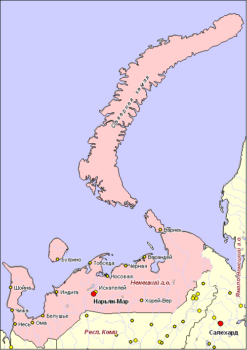Карта ненецкого автономного округа с населенными пунктами
