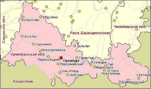 Оренбург на карте России, географические координаты, информация о городе, маршруты из Оренбурга